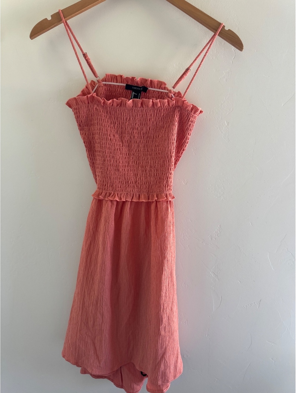 Forever 21 Women’s Small Coral Pink Smocked Mini Dress Ruffle Strappy NWOT